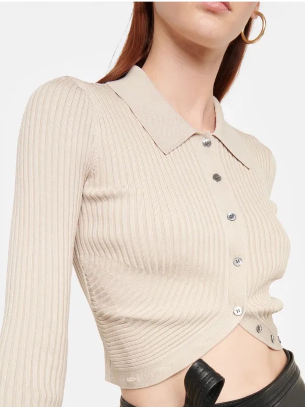 Jonathan Simkhai Beige Ribbed Button-Front Cropped Sweater